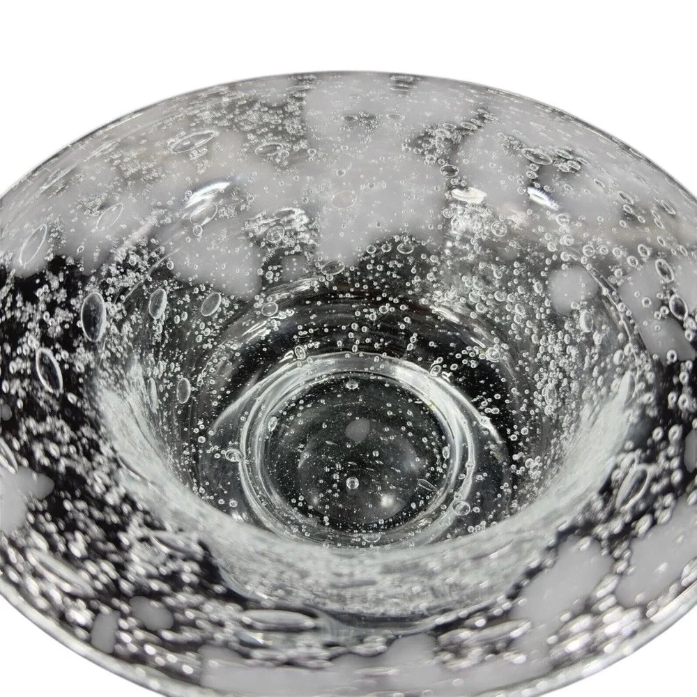 Vintage Hand Blown Footed Clear Art Glass Bowl Dish With Large Air‎ Bubbles